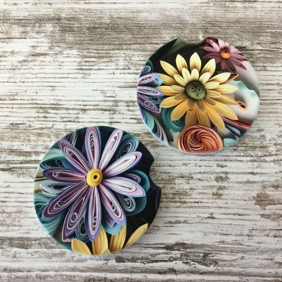 Pastel Paper Wildflowers Car Coasters Set of 2 - Picture 6 of 9